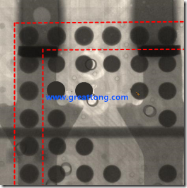 BGA錫球尺寸小于0.4mm，采用降低BGA內(nèi)圍襲球的錫膏量所得到X-Ray，稍微留意一下可以發(fā)現(xiàn)最外圈的錫量(圓的直徑)比其他內(nèi)圍的錫球上的錫量來得多一點(diǎn)點(diǎn)。也就是外圈的黑色圓形直徑比內(nèi)圈的圓形來得大一點(diǎn)點(diǎn)。