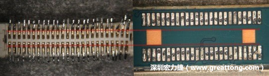 把板對板連接器與其電路板的佈線焊墊作一個比較，端子的切斷面有毛邊的地方剛好對到了裸銅區(qū)。