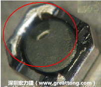 使用錫(Sn)鍍層的電源電感器(Power Inductors)，經(jīng)過推力測試后，其焊點(diǎn)還保留在零件的端點(diǎn)上，所以推力比較高。