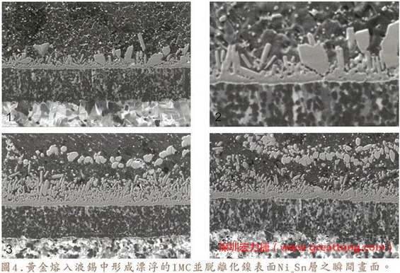下面四張圖片為放大4500倍的SEM圖像，說(shuō)明在回流焊爐熱量不足的情況下，黃金成份正要從鎳層分離融入焊錫之中的瞬間，當(dāng)零件遭受外力沖擊的時(shí)候就極有可能從這一整排AuSn、、AuSn2或AuSn4的IMC處裂開(kāi)。