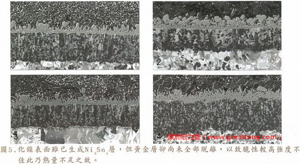 下面四圖顯示，當(dāng)焊接的熱量不足或未持續(xù)時(shí)，雖然Ni3Sn4的薄薄IMC層已經(jīng)生成而焊牢，但也會(huì)因?yàn)锳uSn及AuSn2還未來(lái)得及逸走，而停留在共金介面附近，當(dāng)有外力拉扯的時(shí)候，就很容易斷裂開(kāi)來(lái)。這就是為何ENIG的焊點(diǎn)強(qiáng)度，始終不如銅面焊點(diǎn)(Cu6Sn5)來(lái)得更為牢固的主因之一。