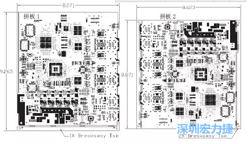 如圖7所示是使用不同數(shù)量邊條的拼板，拼板1僅使用了一個邊條，直接利用PCB另一邊作為SMT工藝傳送邊，并且PCB圖形中有合適的安裝孔；而拼板2則是按常規(guī)設(shè)計了兩個邊條。拼板方式為連接筋。圖中“Breakaway Tab”指邊條-深圳宏力捷