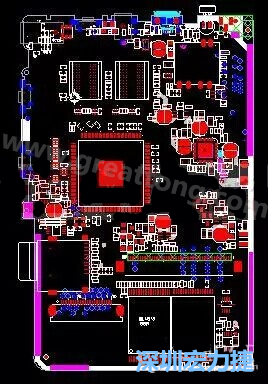 上圖是一個(gè)開發(fā)板的PCB，從布局中可以看出各個(gè)接口電路分離很明確，SDRAM和DDR以及SD卡接口電路等走線不會(huì)造成相互的干擾。-深圳宏力捷