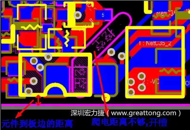 如果碰到模塊PCB空間有限，爬電距離不夠，可以采用開槽的方式