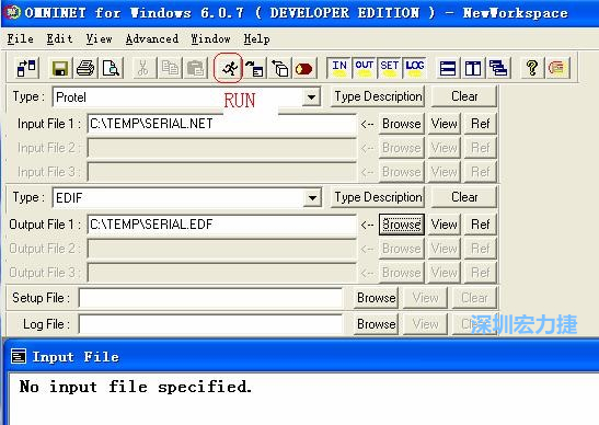 輸出文件類型(Type)選 EDIF。Output File 1 指定輸出文件的文件名和路徑。然后點擊 Run(跑動的小人)。