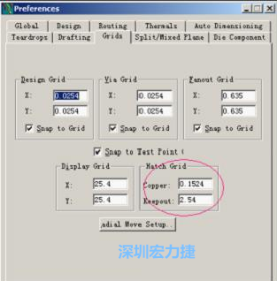  改銅皮的填充網(wǎng)格Global→Design Units，填充方向Drafting→Direction；Hatch Grid中Copper此數(shù)值為大銅箔中所填充的線條中心到中心的距離。