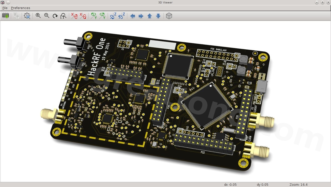 經(jīng)KiCad軟體3D功能渲染過(guò)的HackRF One電路板。