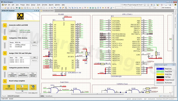 XJTAG DFT Assistant的Access Viewer模式可以清楚地顯示可用的測(cè)試存取層級(jí)，讓電路板設(shè)計(jì)人員在展開(kāi)PCB布局以前的原理圖擷取階段盡可能地提高測(cè)試存取能力
