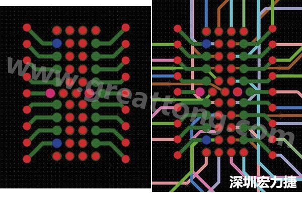圖7：焊盤內(nèi)過(guò)孔用于內(nèi)部，而外部接腳在0.5mm閘格上扇出。圖7a顯示的是頂層(左)；圖7b顯示頂層和內(nèi)部布線層(右)。
