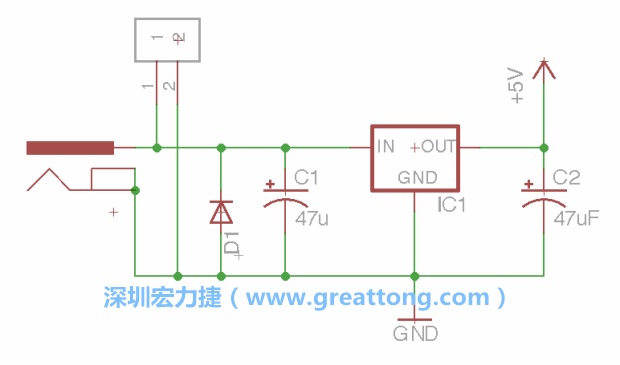 2.5.    新增一個二極體，它會以水平的狀態(tài)出現(xiàn)在屏幕上，請使用「旋轉（Rotate）」工具把它負極那一面朝上，并且用「網(wǎng)絡連接」工具將它連接在電壓調整器的輸入端和接地端之間。