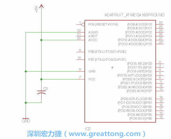 3.1.    新增微控制器晶片（RBBB → ATmega），把它放在電路原理圖的中央附近，把它的兩個接地接頭連接到接地訊號端。