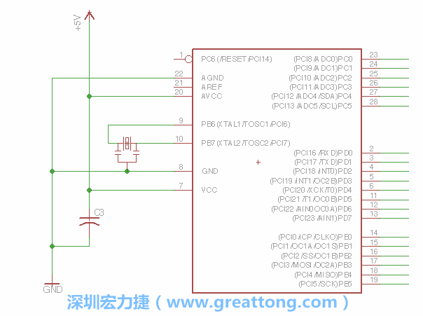 3.2.    在靠近ATmega的電源供應(yīng)針腳7的位置放置一個0.1μF的電容，將它分別連接電源、接地端和針腳7。