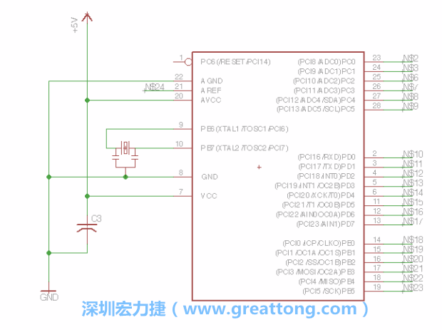 3.3.    將共鳴器（resonator）放置在針腳9和針腳10附近，將它的三個針腳連接如圖所示，并確認最中間的針腳有連到接地端。