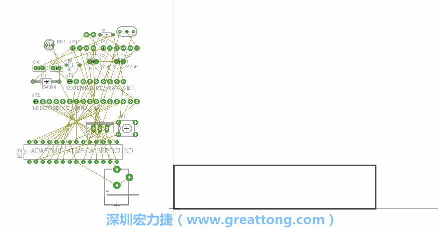 第一次執(zhí)行布線編輯器時(shí)，你會(huì)發(fā)現(xiàn)有兩個(gè)區(qū)塊，左邊的區(qū)塊非?；靵y，而右邊的區(qū)塊則是一個(gè)長(zhǎng)方形的工作區(qū)域，EAGLE免費(fèi)版會(huì)限制你的工作區(qū)域在4” x 3.2”的范圍內(nèi)，如果你試圖將元件擺放在工作區(qū)外的話，就會(huì)跳出警示訊息。