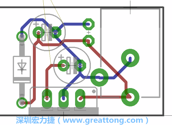 接地連結(jié)點(diǎn)的布線情形如下圖所示，利用這個(gè)練習(xí)來避免電路連線銳角化的產(chǎn)生是一個(gè)不錯(cuò)的選擇，你可以在工具列中的彎曲線路（Wire Bend）選項(xiàng)里改變各種布線的變化。