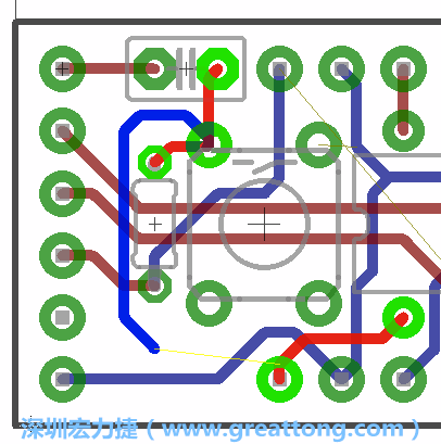 要在電路板正面進(jìn)行+5V信號(hào)線連結(jié)和其他連結(jié)點(diǎn)的布線工作是非常容易的，而重置信號(hào)線（信號(hào)線用來連結(jié)電路板正面左邊的重置開關(guān)）需要經(jīng)過一個(gè)可以通過電路板正反兩面的電路通道，這個(gè)通道是一個(gè)可以讓電路板正反兩面線路連接的一個(gè)小孔。