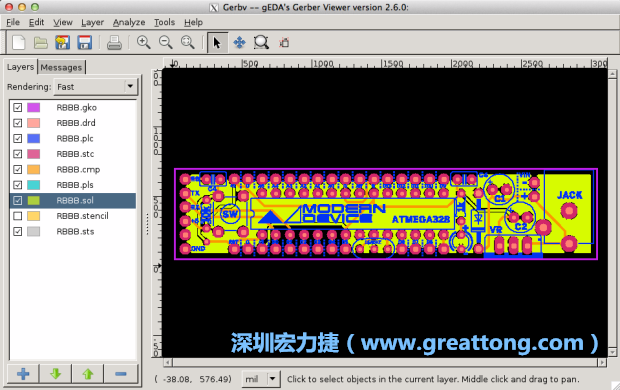 將圖層匯入你的Gerber預(yù)覽工具內(nèi)（下圖為Gerbv），我通常會(huì)從上到下重新排列它們的順序，好讓我比較好校對(duì)：