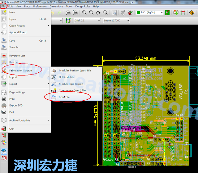在Kicad的PCB Editor, 點(diǎn)選 File->Fabrication Outputs->BOM File, 即可產(chǎn)生一個 .csv 的Excel 檔案。