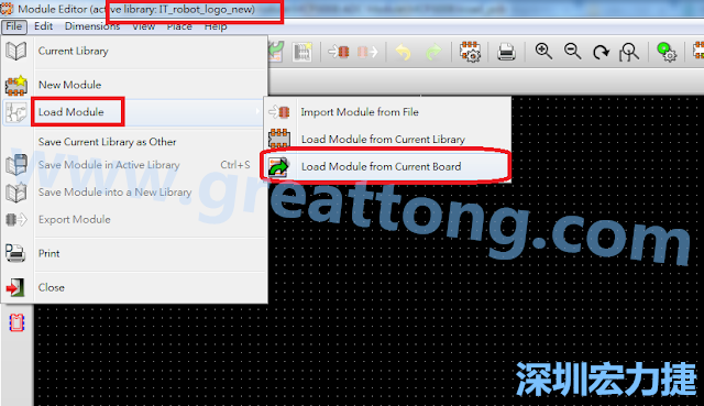 進入Module Editor去載入其他Footprint(Module)進來， 從目前的Active library (不過要先選取一個Current library ) 載入Module 或從目前正在編輯的PCB載入Module。