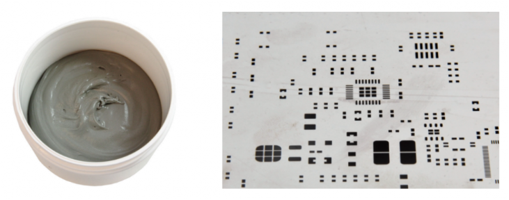 焊膏（左），PCB模板激光切割孔（右）